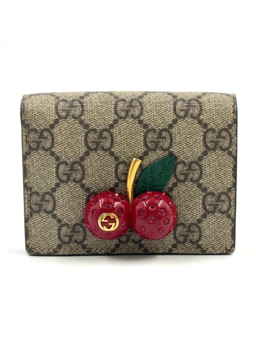 Gucci GG Supreme Compact Wallet Leather Beige Red Bifold Gold